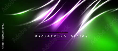 Abstract design features flowing lines, vibrant purple, green hues. Dark background creates dramatic effect. Modern, sleek presentation.