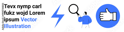 Research, evaluation, feedback, approval, analysis, search. Graphic with magnifying glass, thumbs up and lightning bolt. Feedback and approval through key visual elements