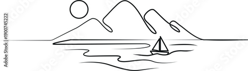 Minimalist line drawing of a sailboat and mountainous landscape
