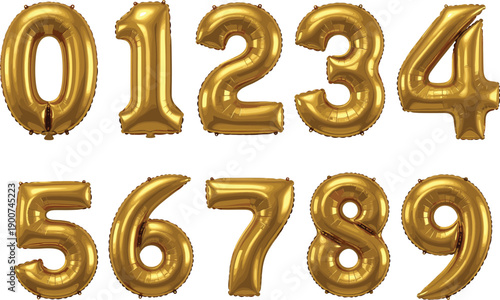 Gold foil balloon numbers set zero to nine for birthday party celebration decoration realistic vector illustration