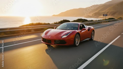Wallpaper Mural Red luxury sports car driving on coastal highway during sunset with scenic ocean and mountains Torontodigital.ca