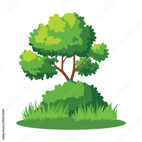 Illustration of a tree with green leaves and grass on a white background in a flat graphic style.