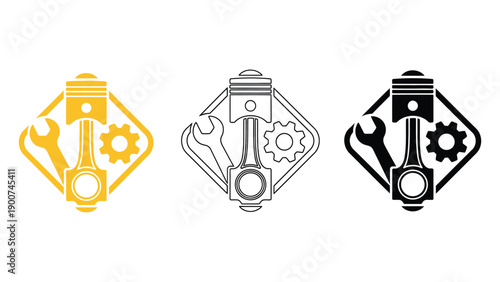 A set of three mechanical logos featuring a piston, wrench, and gear
