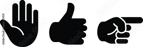 Three black hand gesture icons on a white background.