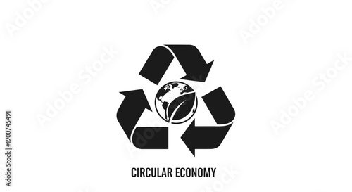 Black recycling symbol with a globe and leaf inside, representing the concept of circular economy and sustainability on a white background.
