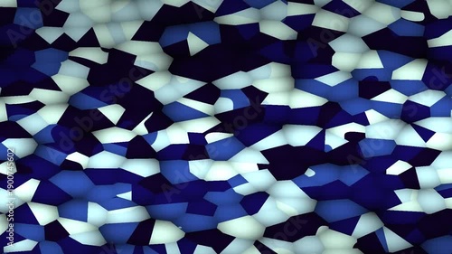 An abstract composition with interwoven white and blue geometric shapes creating a visually dynamic pattern