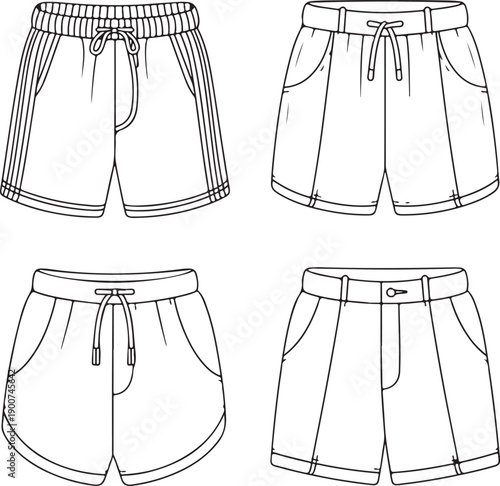 Board shorts, surf shorts, swim shorts fashion flat sketch vector illustration templates. CAD mockup.