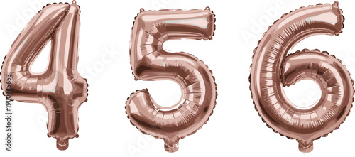 Rose gold foil balloon numbers four five six isolated on white background for birthday celebration vector illustration