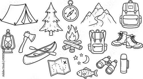 Camping and Hiking Essentials - Nature Adventure Icons for Outdoors Vector Set