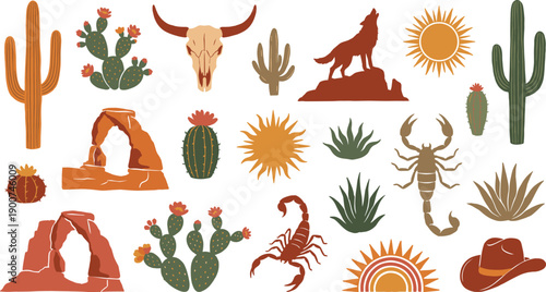 Southwestern Desert Scene with Cacti, Coyote, Skull, Arches, and Sun