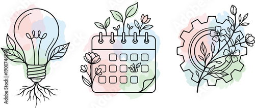 Creative Concept: Lightbulb, Calendar, and Gear intertwined with Nature