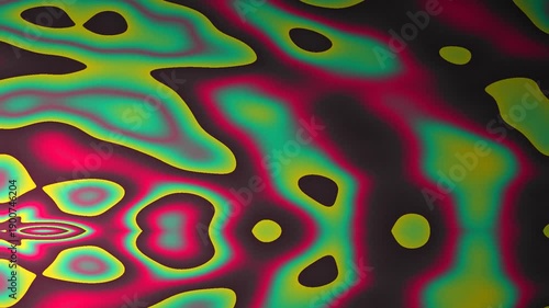 Bright, colorful abstract pattern with fluid, wavy shapes and neon-like hues