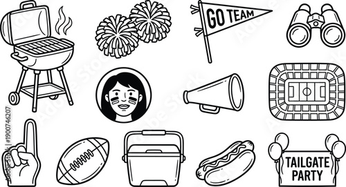 Tailgate Party Football Fan Gear Vector Icons - Grill, Food, and Cheering