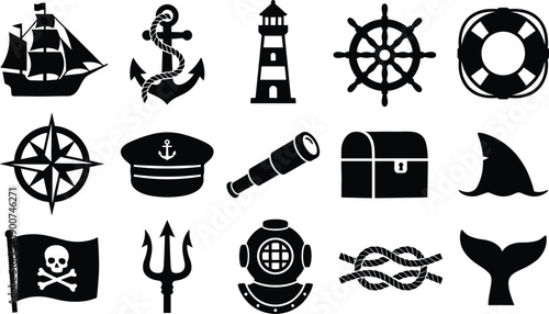 Nautical Maritime Icons - Pirate, Sailing, and Ocean Adventure Vector Set