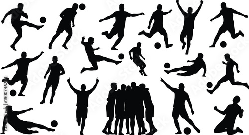 Soccer Player Silhouettes - Dynamic Action Poses and Team Celebration Vector