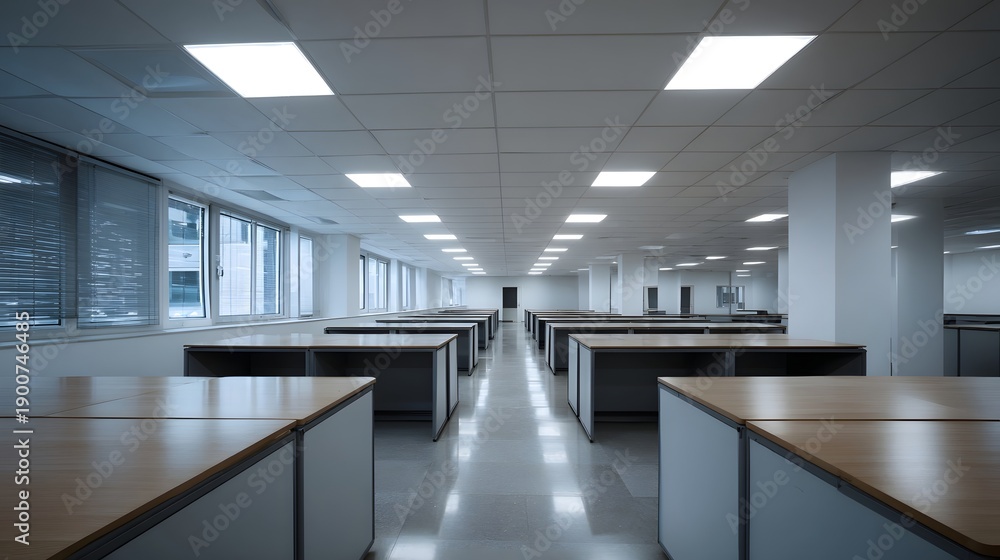 Naklejka premium Modern empty office interior illuminated by rows of bright fluorescent ceiling lights