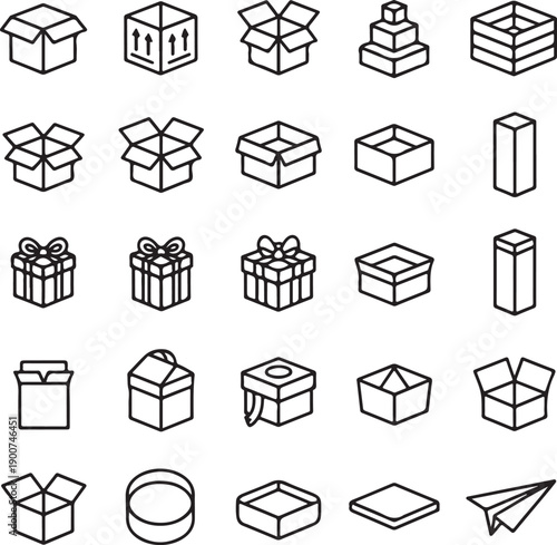 Box flat line icon set. Carton, wood boxes, product package, gift vector illustrations. Simple outline signs for delivery service