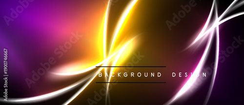 Vibrant neon lines create abstract light display. Purple, orange, yellow hues blend into dark background. Modern design element.