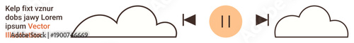 Data storage, cloud computing, file syncing, pause feature, technology services, information flow. Two clouds with an orange pause button between them. Cloud computing and file syncing concept