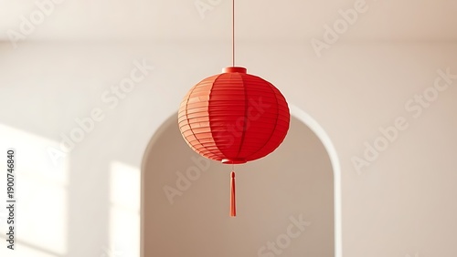 A traditional red paper lantern hangs suspended indoors, casting a soft glow against a backdrop of architectural arches