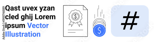 Certification paper with dollar emblem, three falling coins, bold metadata tag symbol. Ideal for finance, marketing, social media, digital currency, certifications, branding simple landing page