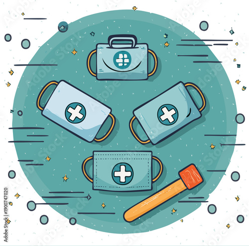 Medical first aid kits and a reflex hammer displayed in a teal circular design, featuring essential healthcare tools.