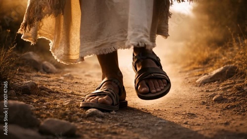 Closeup of Jesus walking on dusty path in sandals with sunlight symbolizing faith journey and spiritual path