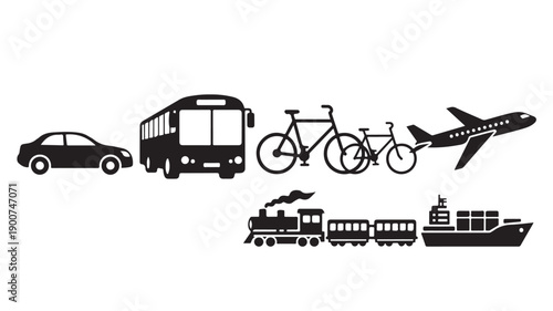 Various Transportation Modes Silhouette Set in Simple Flat Design with Black Color on White Background for Infographic