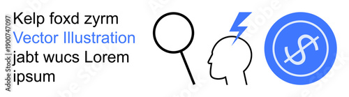Technology, innovation, finance, investigation, progress, visual analysis. Magnifying glass, head with lightning bolt dollar symbol enclosed in a circle. Technology and innovation concepts