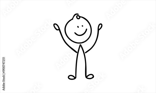 Happy Stick Figure Waving Arms Cheerfully, Joyful Expression on Isolated White Background