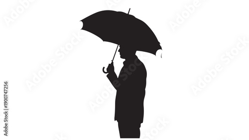 Silhouette of man holding umbrella in dramatic pose with dark mysterious lighting on isolated white background for advertising