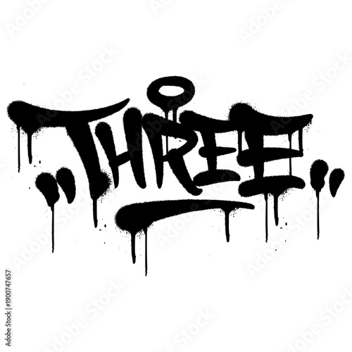 Urban street art "THREE" number graffiti tag. Hand drawn black lettering with spray paint drips for hip hop apparel, street wear branding, and creative graphic elements.
