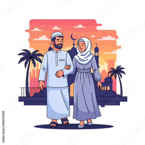 Cartoon illustration of a loving couple together on the beach with a warm family feeling