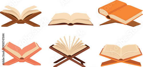 Set of open book vector illustrations on reading stands for education, study and knowledge concepts