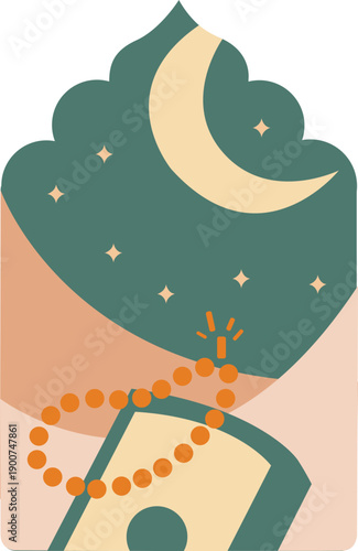 Celebrating Ramadhan with gift giving and prayer beads under the crescent moon at night