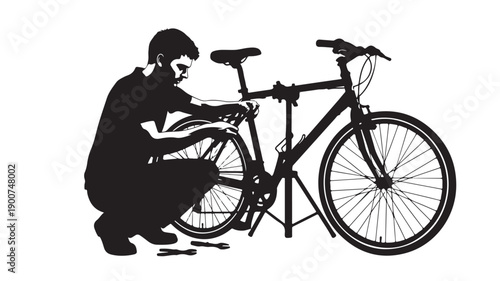 Man repairing bicycle in silhouette style with dark monochromatic color on white background for cycling maintenance