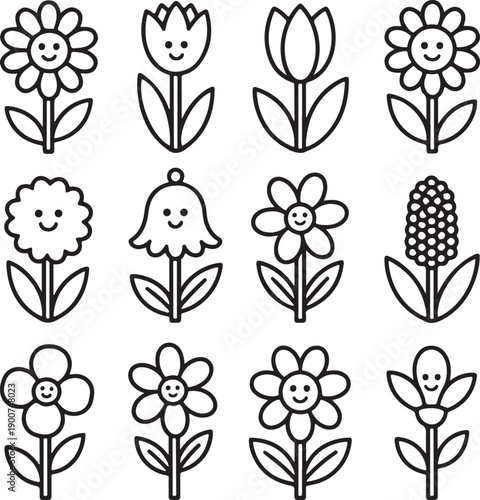 Collection of Cute Flower Icons with Faces, Tulips and Bells, Line Art