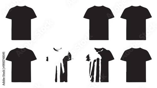 T-shirt silhouettes in various views and styles on white background for apparel design