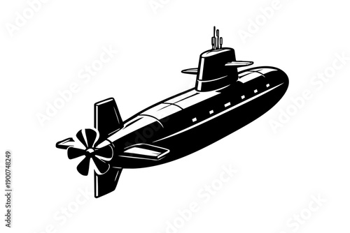 Rear three-quarter view of a submarine showing propeller area and rear control fins