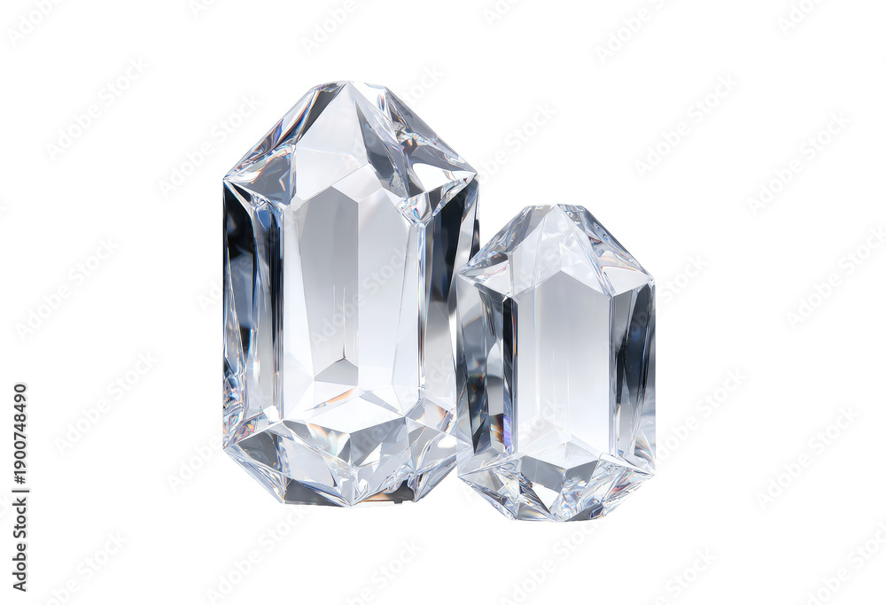 Obraz premium Two faceted gems, translucent and clear, sit side by side against a black background. One is slightly larger than the other. Sharp facets and reflective surfaces