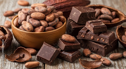 Delicious Dark Chocolate Pieces with Cacao Beans and Pods on Rustic Wood