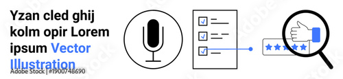 Voice technology, task prioritization, quality analysis, customer review, digital tools, productivity. Microphone icon, task checklist magnifying glass with rating stars. Voice technology and task