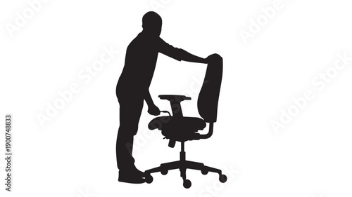 Man Adjusting Office Chair Silhouette in Dark Minimalistic Style with High Contrast Lighting on White Background for Workplace Illustration