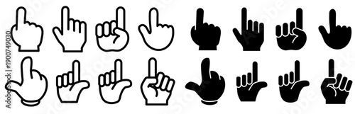 指差しチェック、ハンドジェスチャーアイコンセット　クリック・タップ操作表現　アウトライン線画　UI・Webデザイン素材　単色付き　色変更、線幅変更可能　