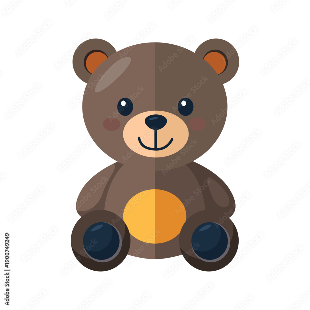 Fototapeta premium A brown cartoon teddy bear with a yellow belly and orange ears sitting against a white background.