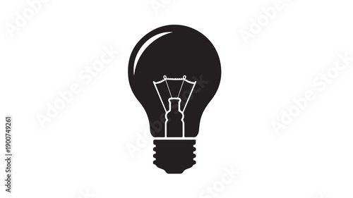 Black Light Bulb Icon in Simple Flat Design with White Filament on White Background for Business Logo