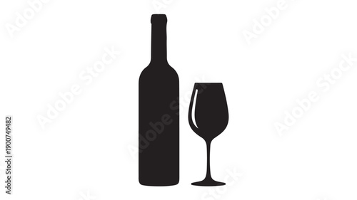Wine Bottle and Glass Silhouette in Simple Elegant Black Silhouette on White Background for Beverage Advertising