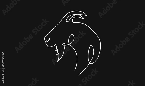 Minimalist Continuous Line Art Drawing of Goat Head Profile with Horns and Beard on Black Background