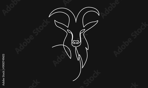Continuous Line Art Goat Head Design on Black Background