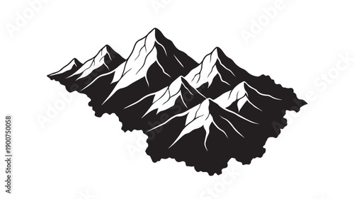 Mountain Range Silhouette in Minimalist Style with High Contrast Black and White Illustration for Outdoor Adventure